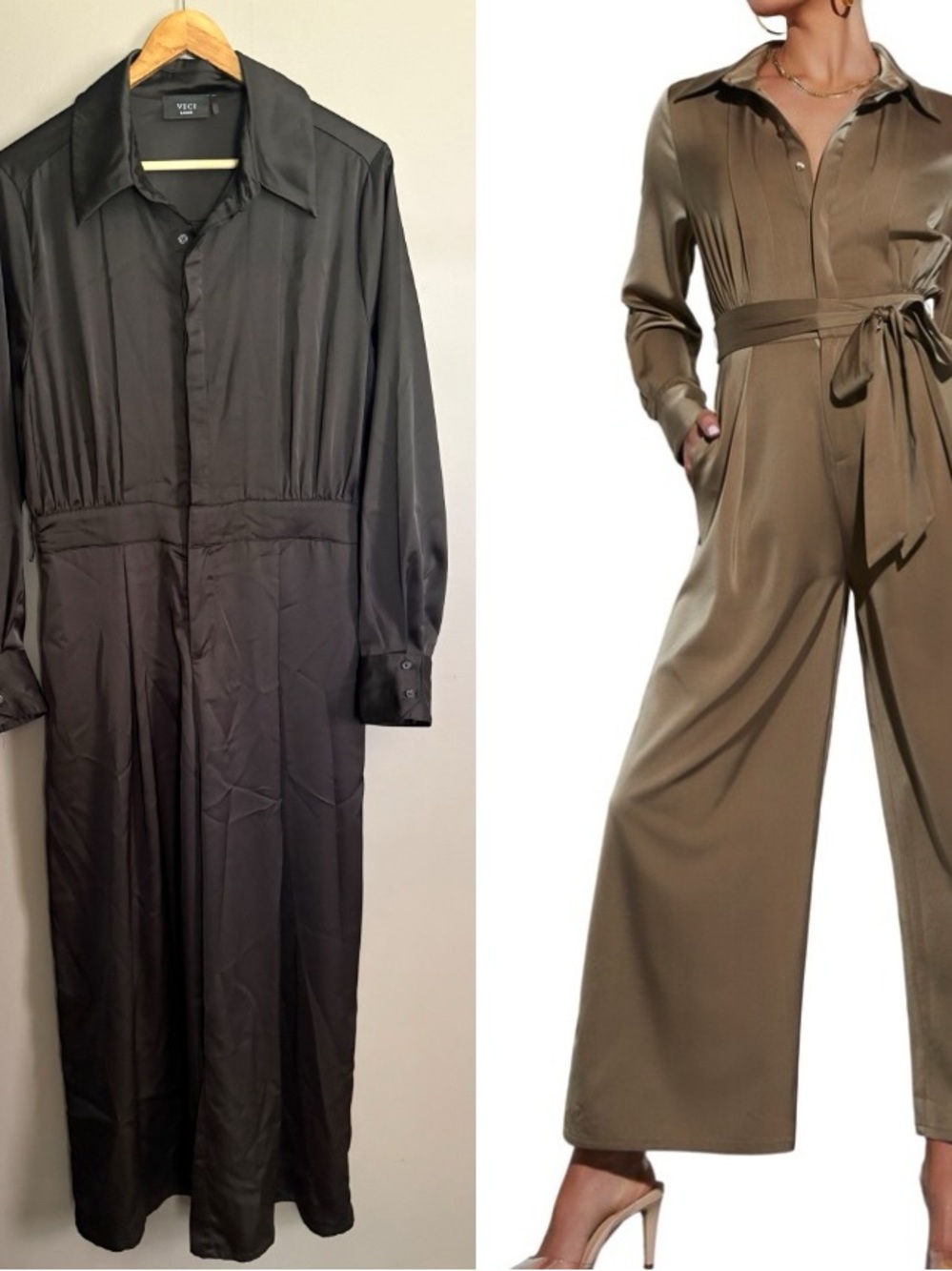 VICI Pull It Together Satin Long Sleeve Jumpsuit Size Large